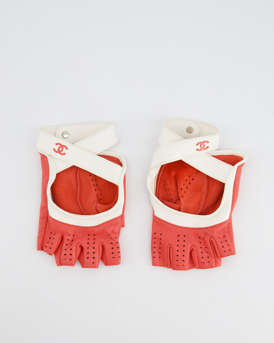 Chanel Coral Fingerless Biker Gloves with CC Strap Detail