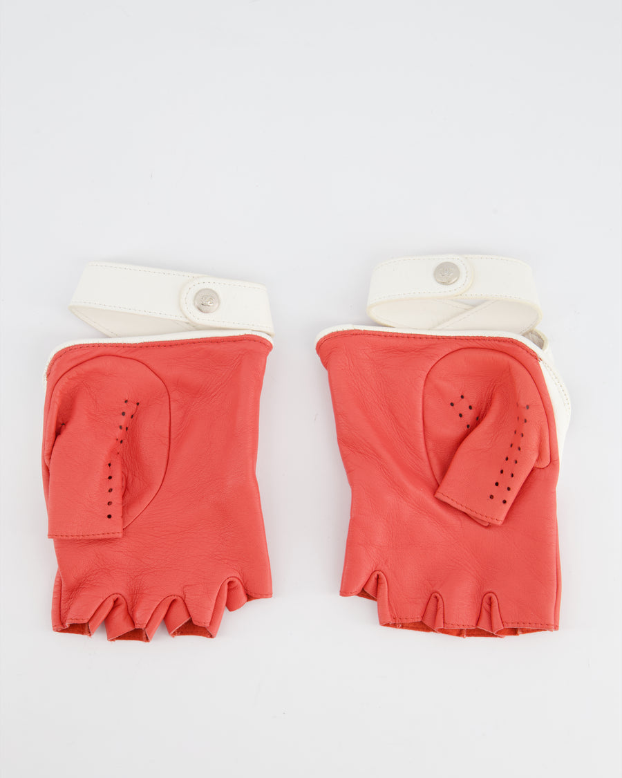 Chanel Coral Fingerless Biker Gloves with CC Strap Detail