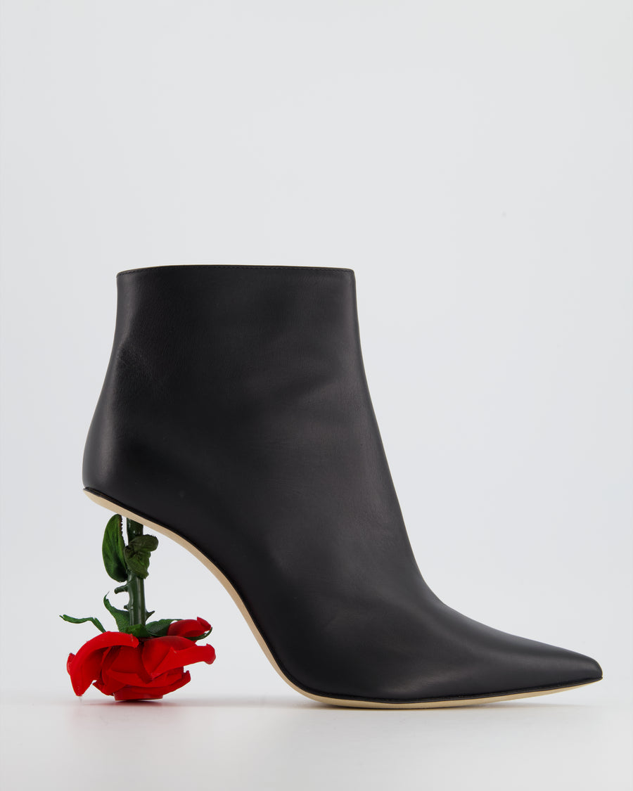 Loewe Black Leather Heeled Ankle Boots with Rose Heel Detail Size EU 40