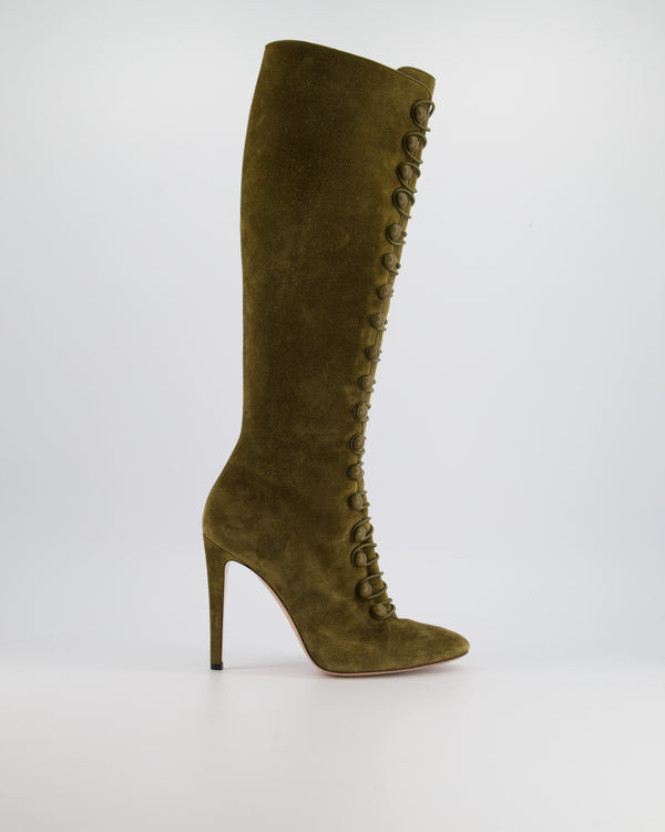 Gianvito Rossi Khaki Suede Leather Knee High Heeled Boots with Buttons Size EU 40