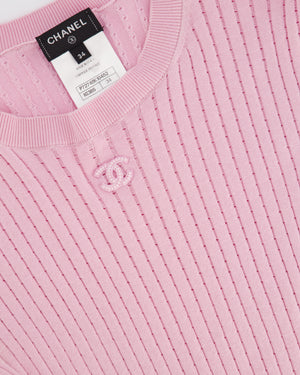 Chanel Pink RIbbed Cotton T-Shirt with CC Logo Detail FR 34 (UK 6)
