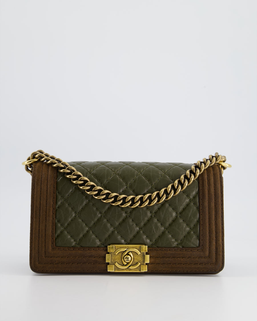 Chanel Brown and Khaki Green Medium Boy Bag In Calfskin Leather and Suede with Antique Gold Hardware