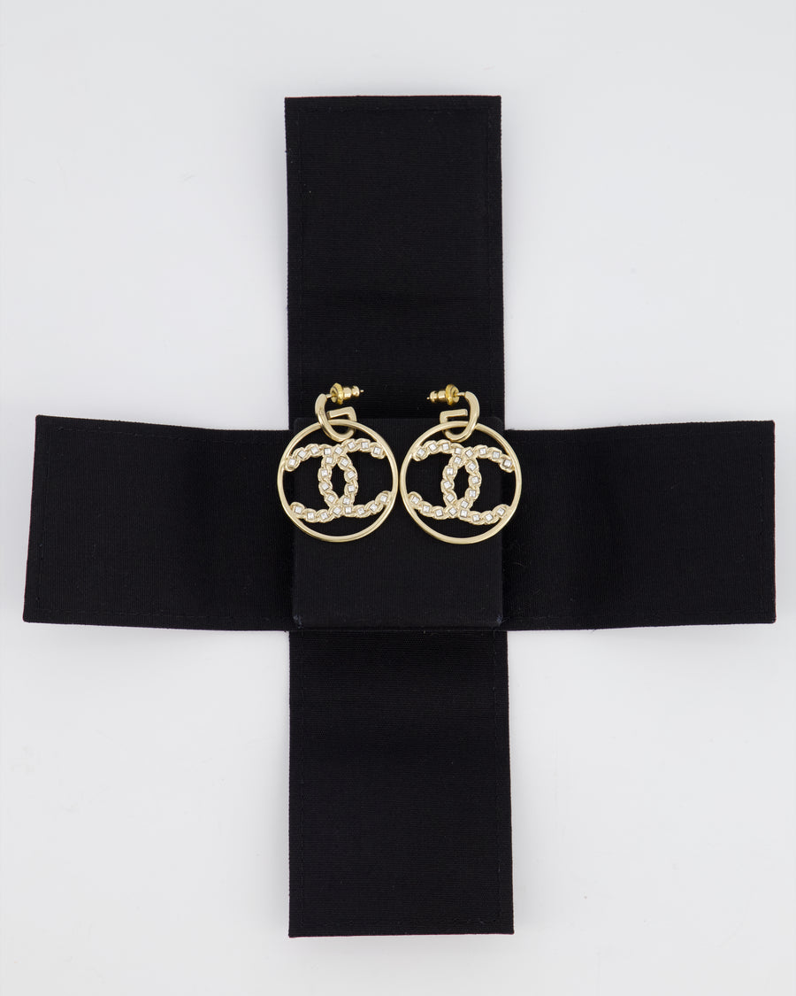 *HOT* Chanel Champagne Gold & Crystal Circle CC Logo Earrings