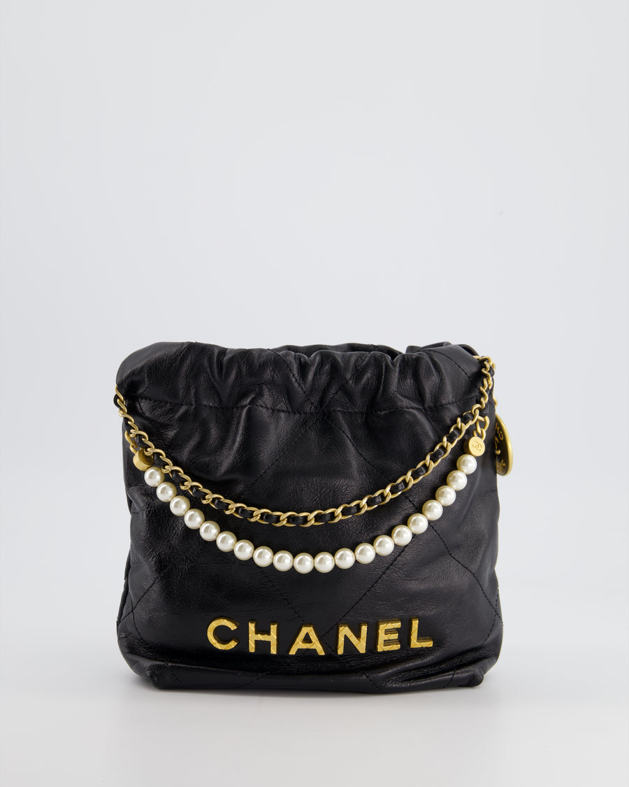 HOT* Chanel Mini 22 Bag in Black Shiny Crumpled Calfskin with Pearl D –  Sellier