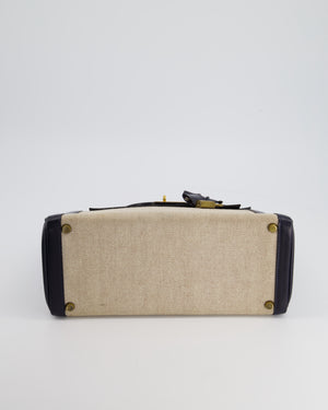 Hermès Vintage Kelly 28cm Bag in Ecru Canvas and Navy Box Leather with Gold Hardware