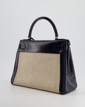 Hermès Vintage Kelly 28cm Bag in Ecru Canvas and Navy Box Leather with Gold Hardware