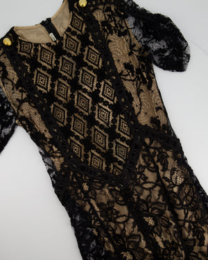 Alessandra Rich Black Short Sleeve Lace Maxi Dress with Gold Shoulder Button Detail IT 40 (UK 8)
