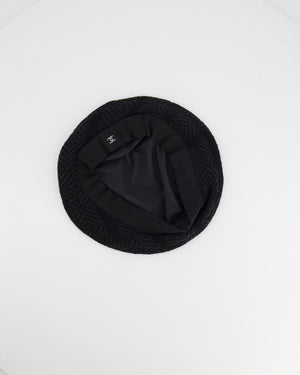 Chanel Black Tweed Beret Hat with CC Logo Detail Size L