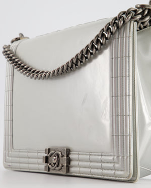 *FIRE PRICE* Chanel Silver Grey Large Boy Bag in Patent Leather with Ruthenium Hardware*