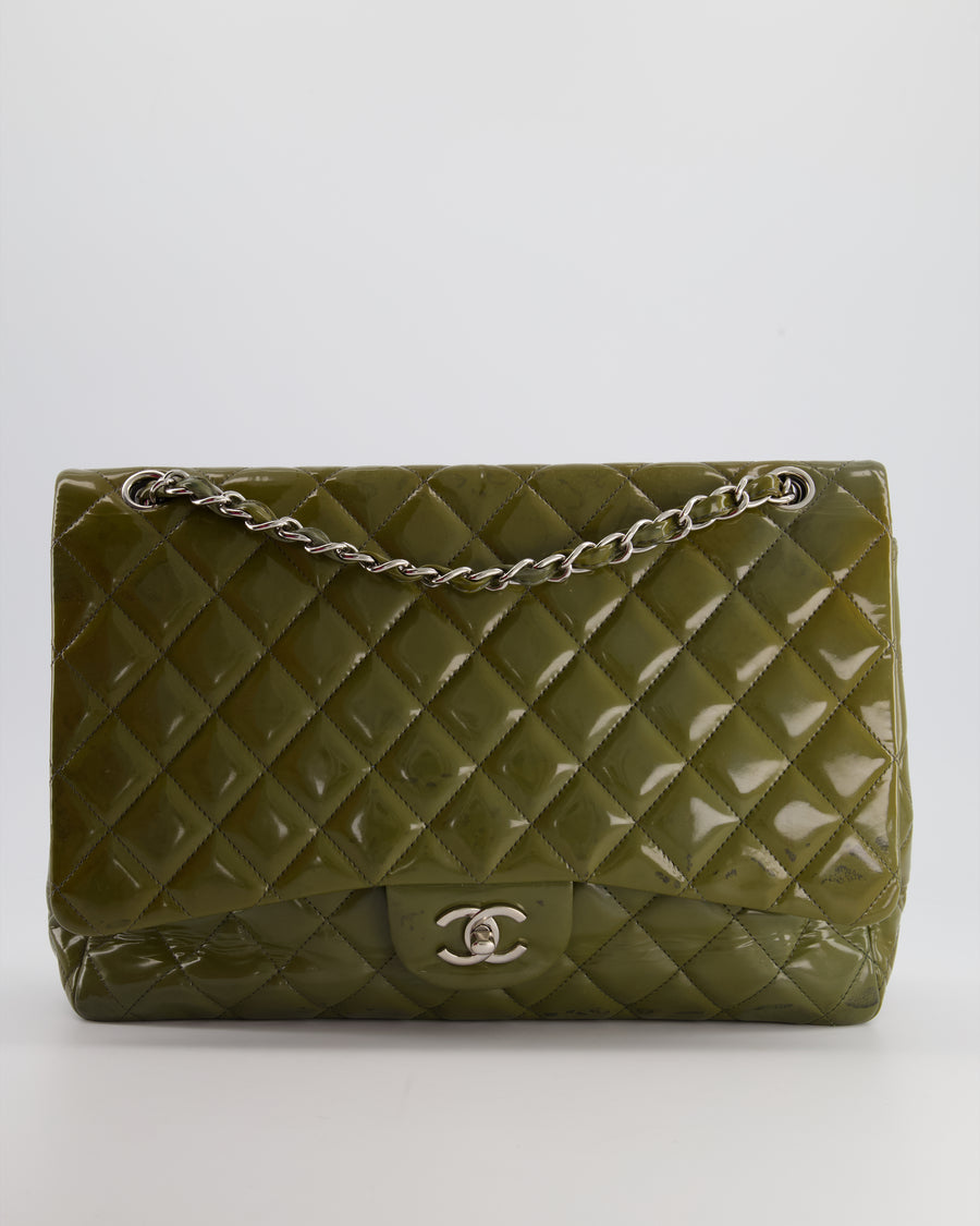 *FIRE PRICE* Chanel Khaki Green Patent Maxi Single Flap Bag with Silver Hardware
