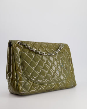*FIRE PRICE* Chanel Khaki Green Patent Maxi Single Flap Bag with Silver Hardware