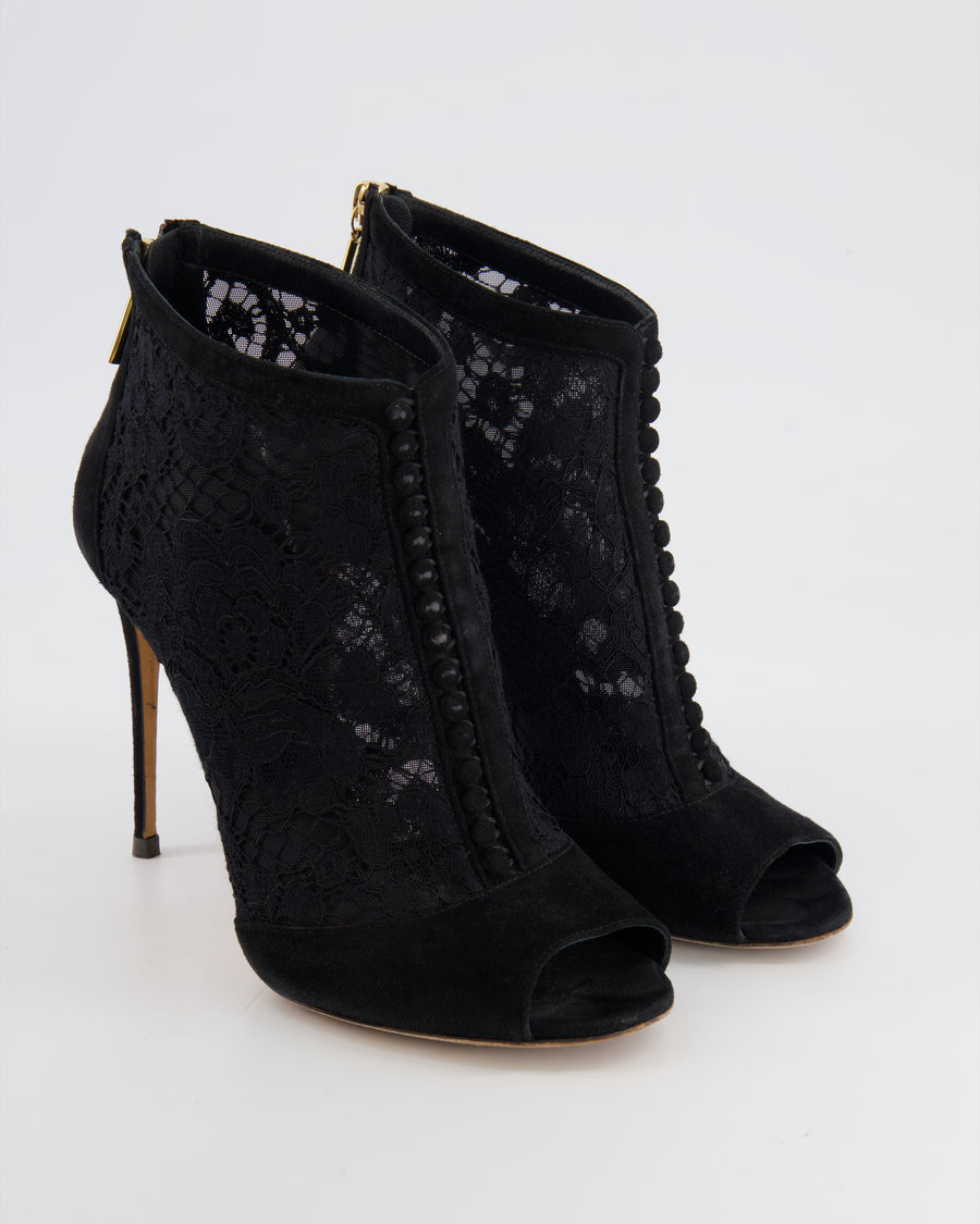 Dolce & Gabbana Black Suede and Lace Ankle Boot Heels Size EU 39