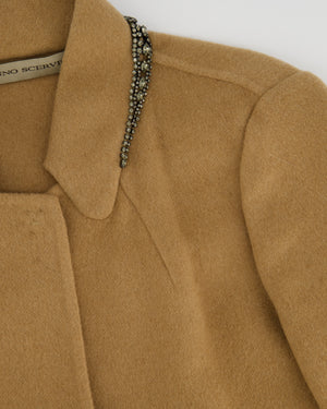Ermanno Scervino Camel Cropped Sleeve Coat with Embellished Collar Detail IT 38 (UK 6-8)