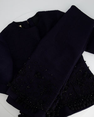 Marni Navy Two Piece Tweed Top and Skirt Set with Tassel Embellished Detail IT 40/42 (UK 8/10)