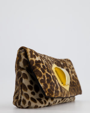 Lanvin Brown Leopard Print Calfskin Clutch Bag with Large Gold Clasp Detail