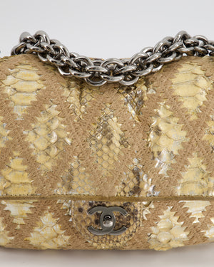 Chanel Beige and Gold Python and Crochet Flap Shoulder Bag with Ruthenium Hardware and Large Chain Strap