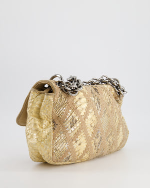 Chanel Beige and Gold Python and Crochet Flap Shoulder Bag with Ruthenium Hardware and Large Chain Strap