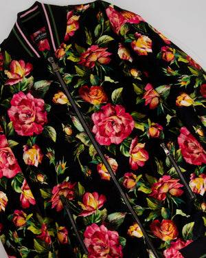 Dolce & Gabbana Black and Pink Floral Velvet Bomber Jacket Size IT 42 (UK 10)