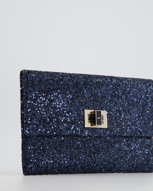 Anya Hindmarch Blue Glitter Clutch Champagne Gold Hardware and Logo Clasp