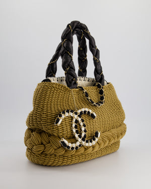 *HOT* Chanel Beige & Cream Raffia Black Lambskin Braided Handle Coco Country Tote with Gold Hardware