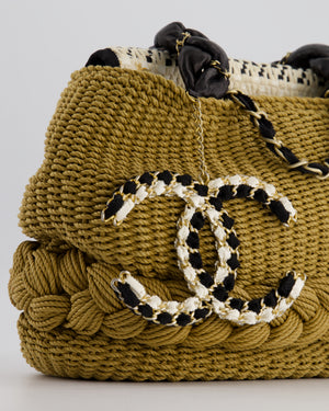*HOT* Chanel Beige & Cream Raffia Black Lambskin Braided Handle Coco Country Tote with Gold Hardware