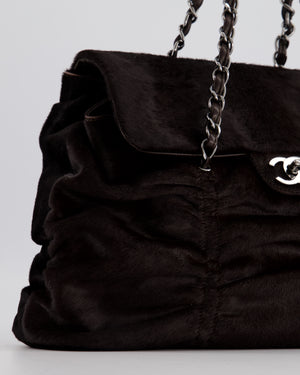 Chanel Dark Brown Pony Hair Ruched Bag with Silver Hardware