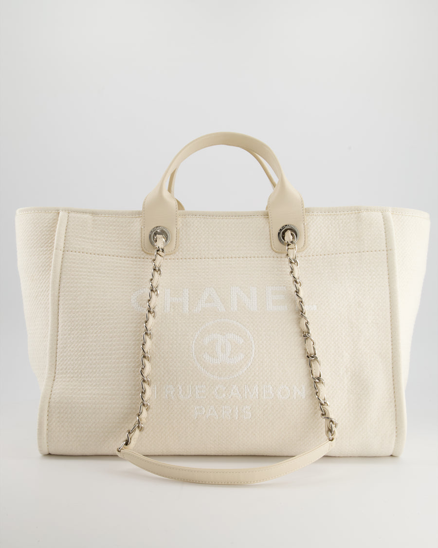HOT* Chanel Large Cream Canvas Deauville Tote Bag with Silver