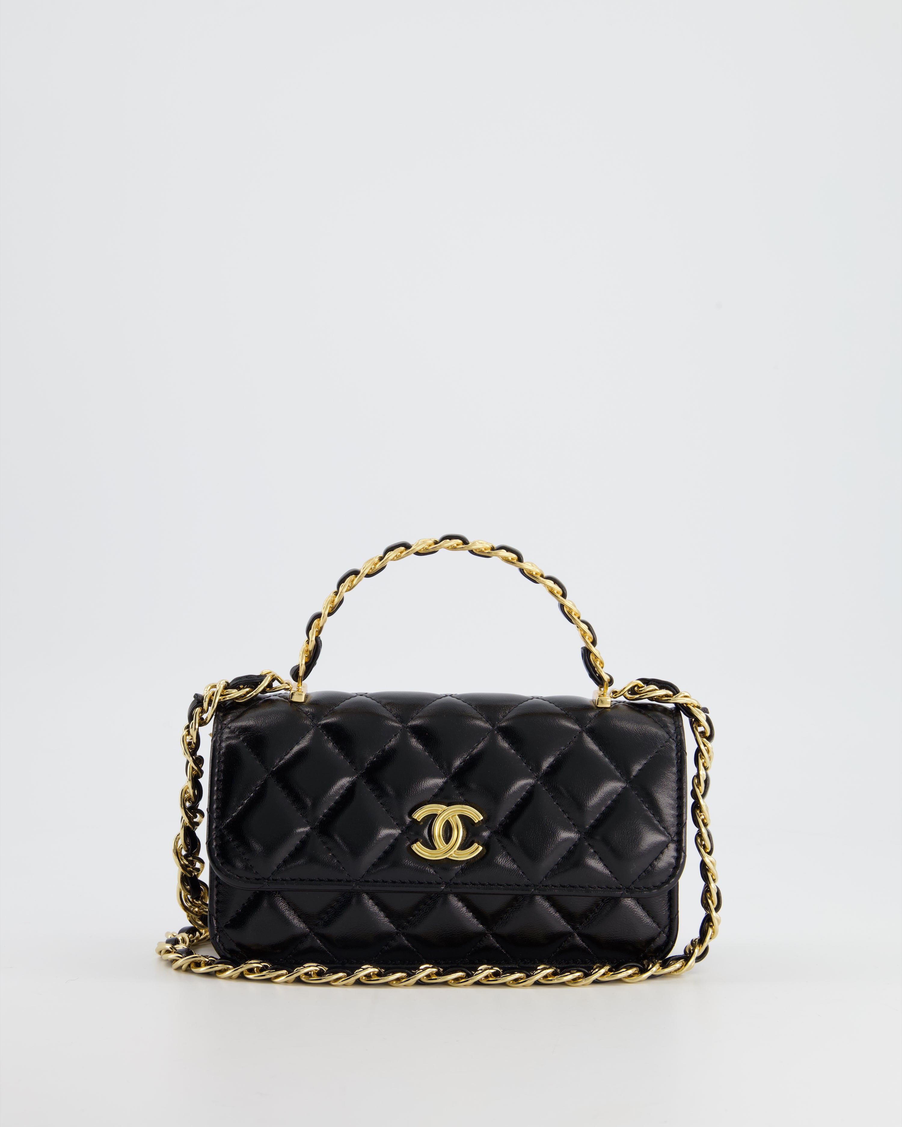 CHANEL Shiny Lambskin Quilted Golden Links Top Handle Flap Black