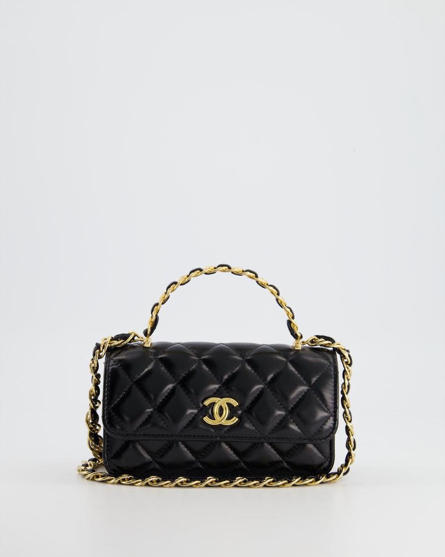 HOT* Chanel Black Chain Detail Top Handle Flap Bag in Shiny