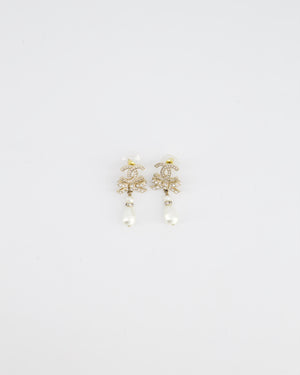 Chanel Champagne Gold Crystal CC & Pearl Drop Earrings
