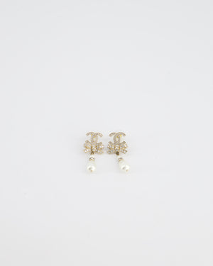 Chanel Champagne Gold Crystal CC & Pearl Drop Earrings