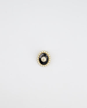 *HOT* Chanel Black and Gold Oval Brooch with Gold CC and Pearl Details