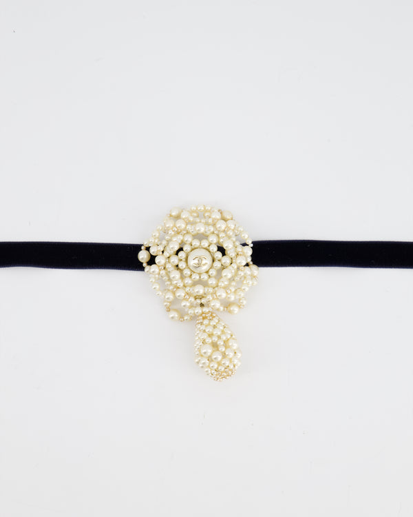 *HOT* Chanel Navy Velvet Choker Necklace  with Pearl Camelia CC Detail