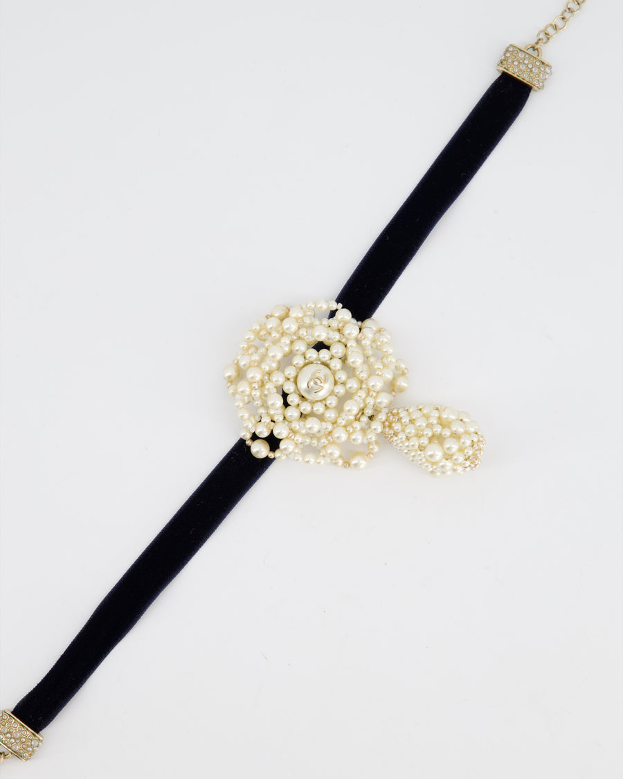 *HOT* Chanel Navy Velvet Choker Necklace  with Pearl Camelia CC Detail