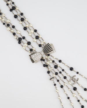 Chanel Black and White Pearl Chocker Necklace with Crystal Bow and Logo Details