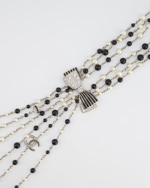 Chanel Black and White Pearl Chocker Necklace with Crystal Bow and Logo Details