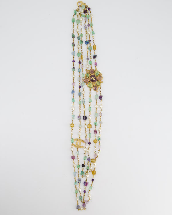 Chanel Turquoise, Lilac Pearl and Gold Long Beaded Necklace with Logo Pendant