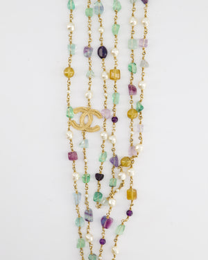 Chanel Turquoise, Lilac Pearl and Gold Long Beaded Necklace with Logo Pendant