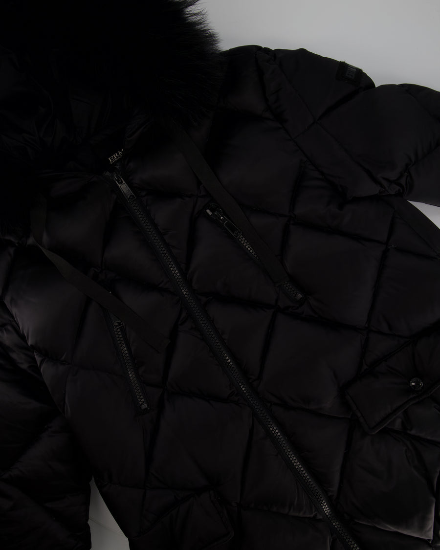 Ermanno Scervino Black Down Coat with Fur Trim Hood & Zip Detail Size IT 42 (UK 10)