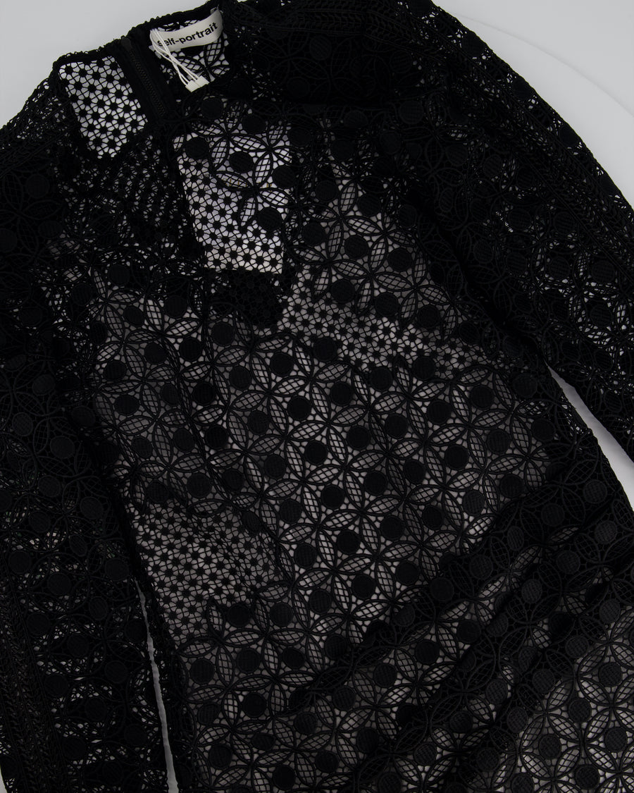 Self Portrait Black Long Sleeve Crochet Midi Dress with Shoulder Pad Detail IT 42 (UK 10)