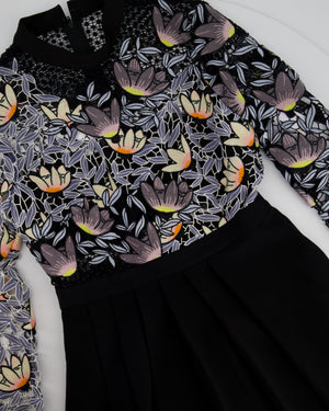 Self Portrait Black Floral Crochet Long Sleeve Mini Dress with Pleated Skirt Detail IT 42 (UK 10)
