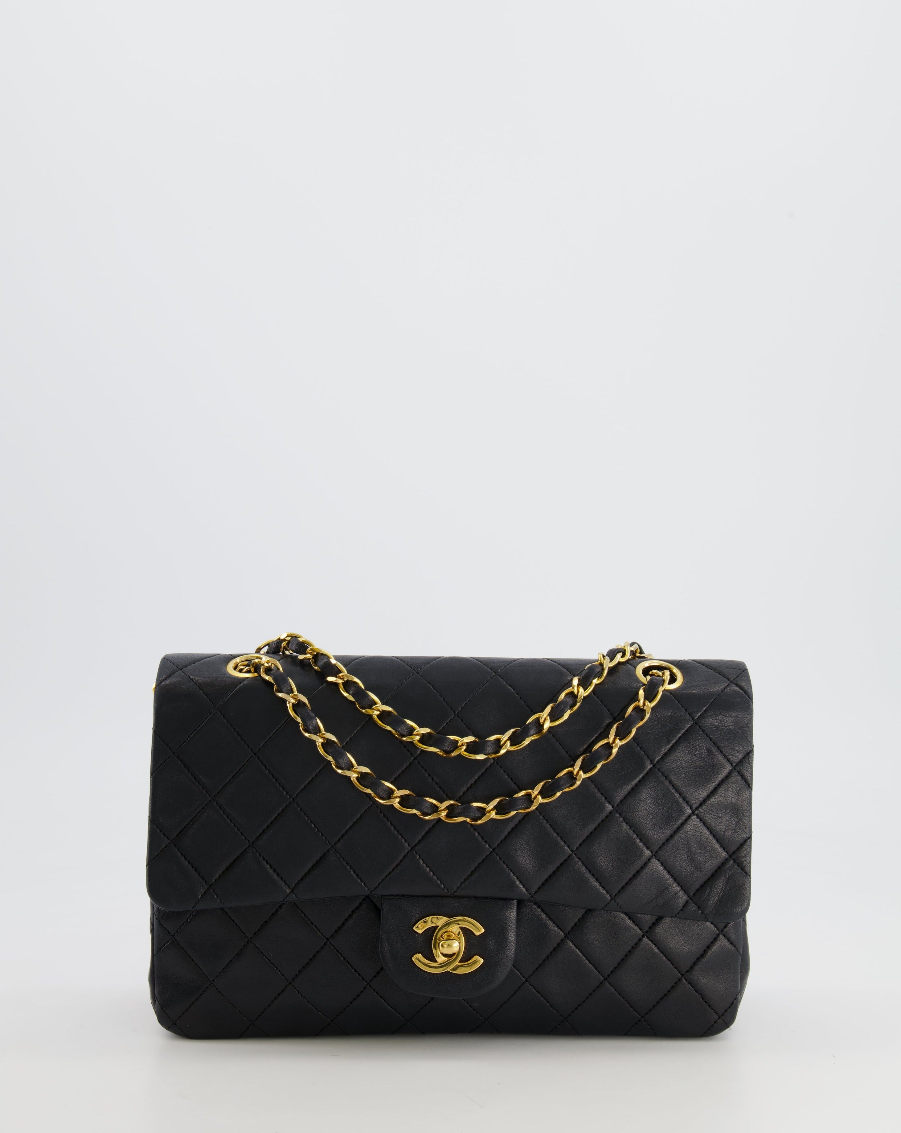 Chanel Black Vintage Classic Medium Double Flap Bag in Lambskin Leather With 24k Gold Hardware