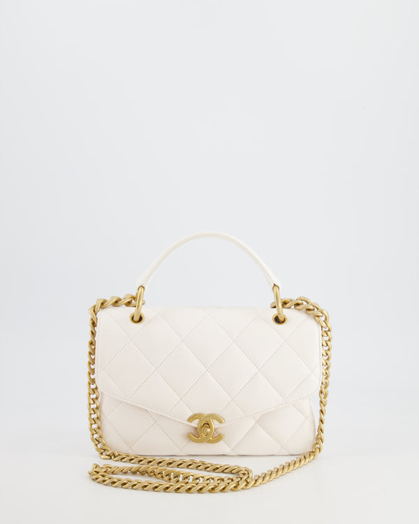 *FIRE PRICE* Chanel White Top Handle Single Flap Bag in Lambskin Leather with Brushed Gold Hardware