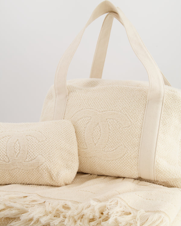*HOT* Chanel Cream Terry Beach Set with CC Tote Bag, Towel and Small Pouch