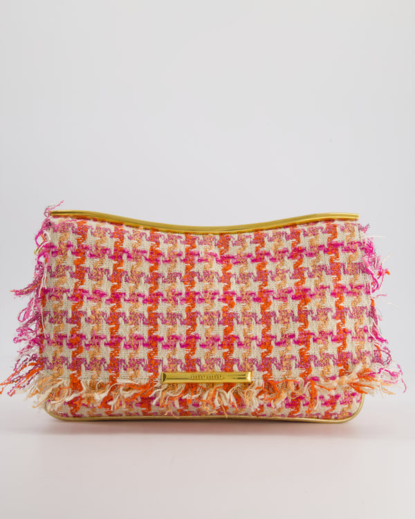 Miu Miu Pink Orange and Cream Tweed Shoulder Bag with Gold Hardware and Fringed Edges