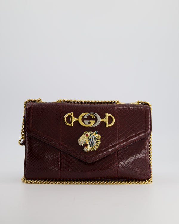 Gucci Burgundy Python Leather Shoulder Bag with Gold Hardware and Crystal Tiger Detail