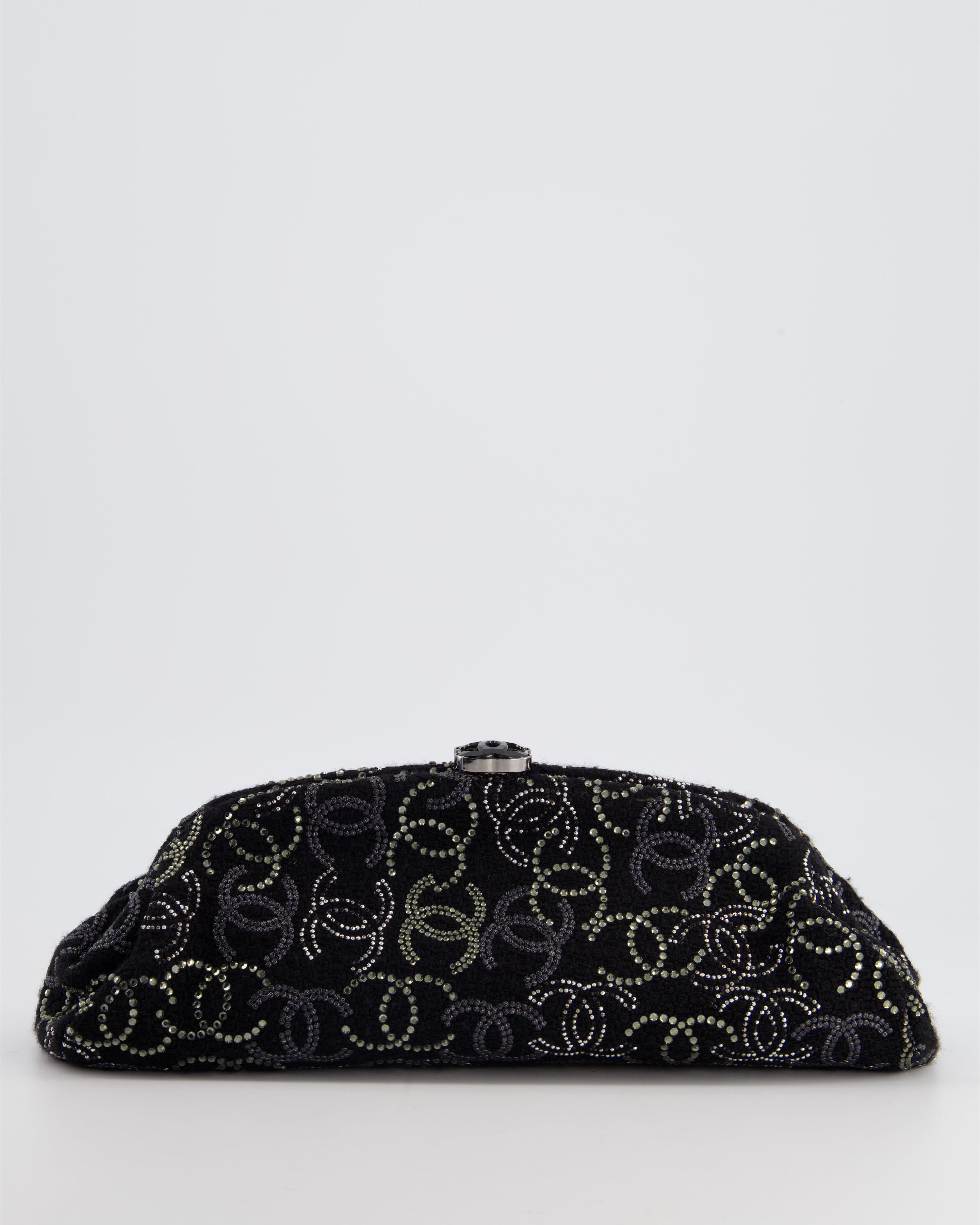 Chanel Black Timeless Clutch Bag in Fabric With Gunmetal Hardware And Crystal Logo Details