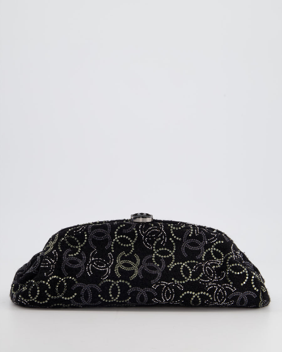 Chanel Black Timeless Clutch Bag in Fabric with Gunmetal Hardware and Crystal Logo Details