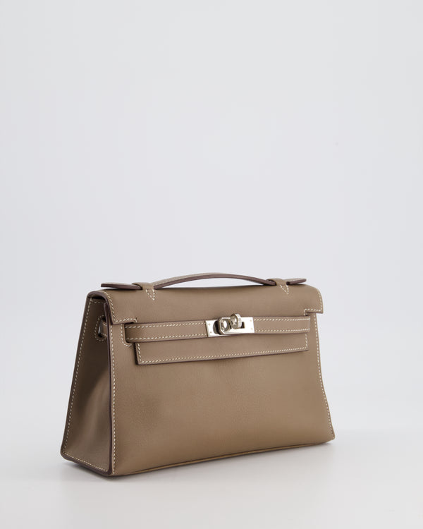 Hermès Kelly Pochette Bag in Etoupe Swift and Palladium Hardware
