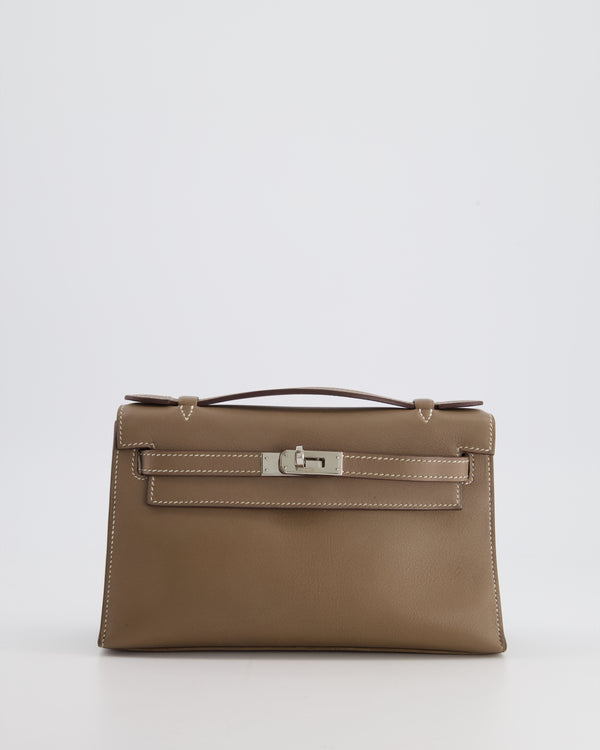 Hermès Kelly Pochette Bag in Etoupe Swift and Palladium Hardware
